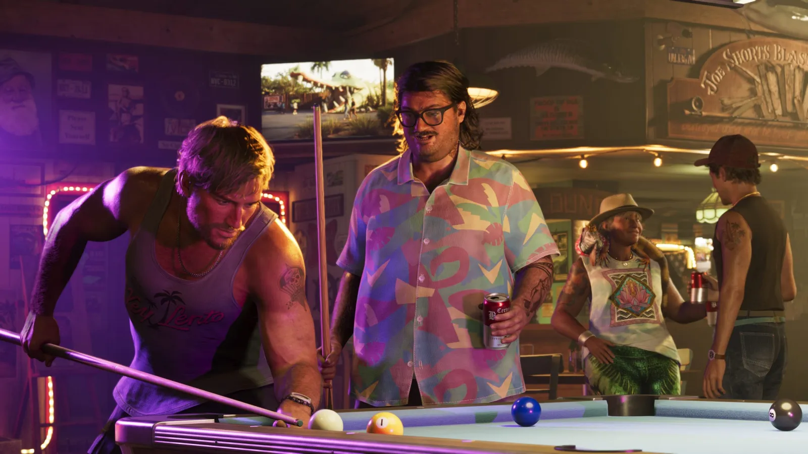 Two GTA 6 characters at a neon-lit bar at night in Vice City