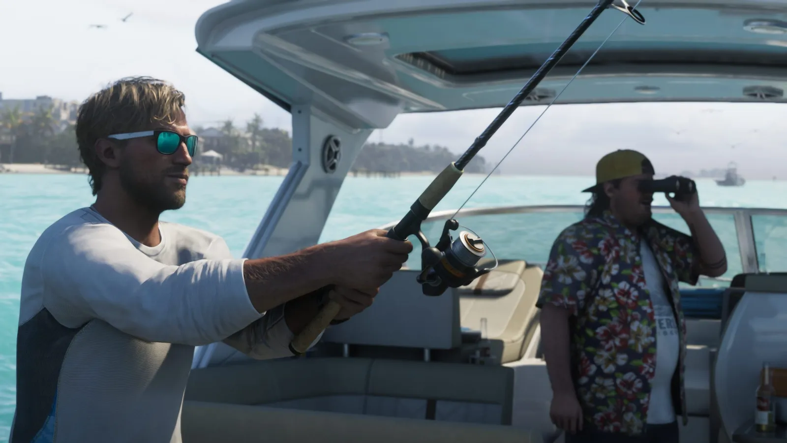Jason, a GTA 6 protagonist, fishing from a boat on turquoise water in the Leonida Keys. © Rockstar Games