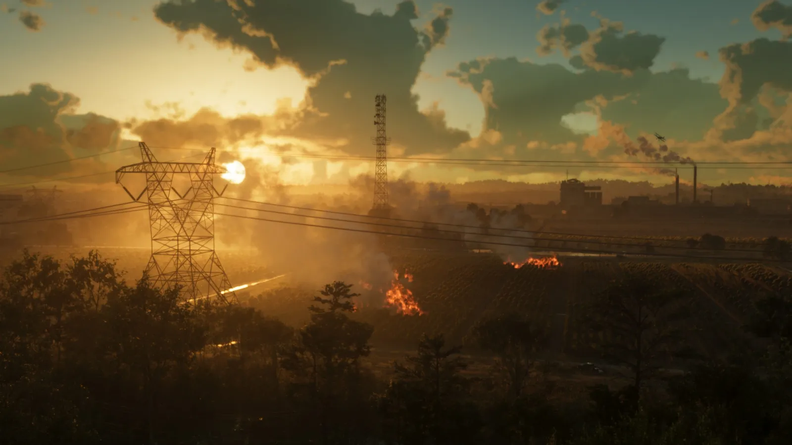 A golden-hour Leonida countryside in GTA 6, with power-line towers, farmland and a crop-duster plane