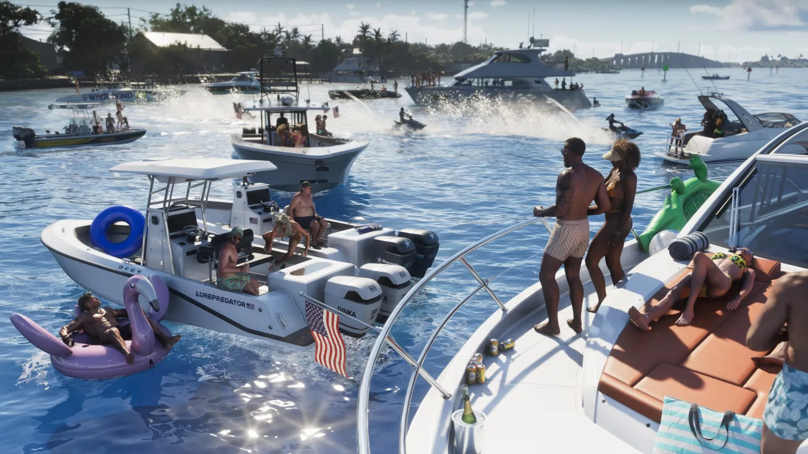 People partying on boats moored together on bright turquoise Keys water in GTA 6