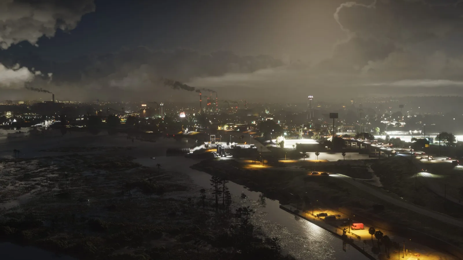 A working Leonida town at night, smokestacks and the glow of the highways. © Rockstar Games