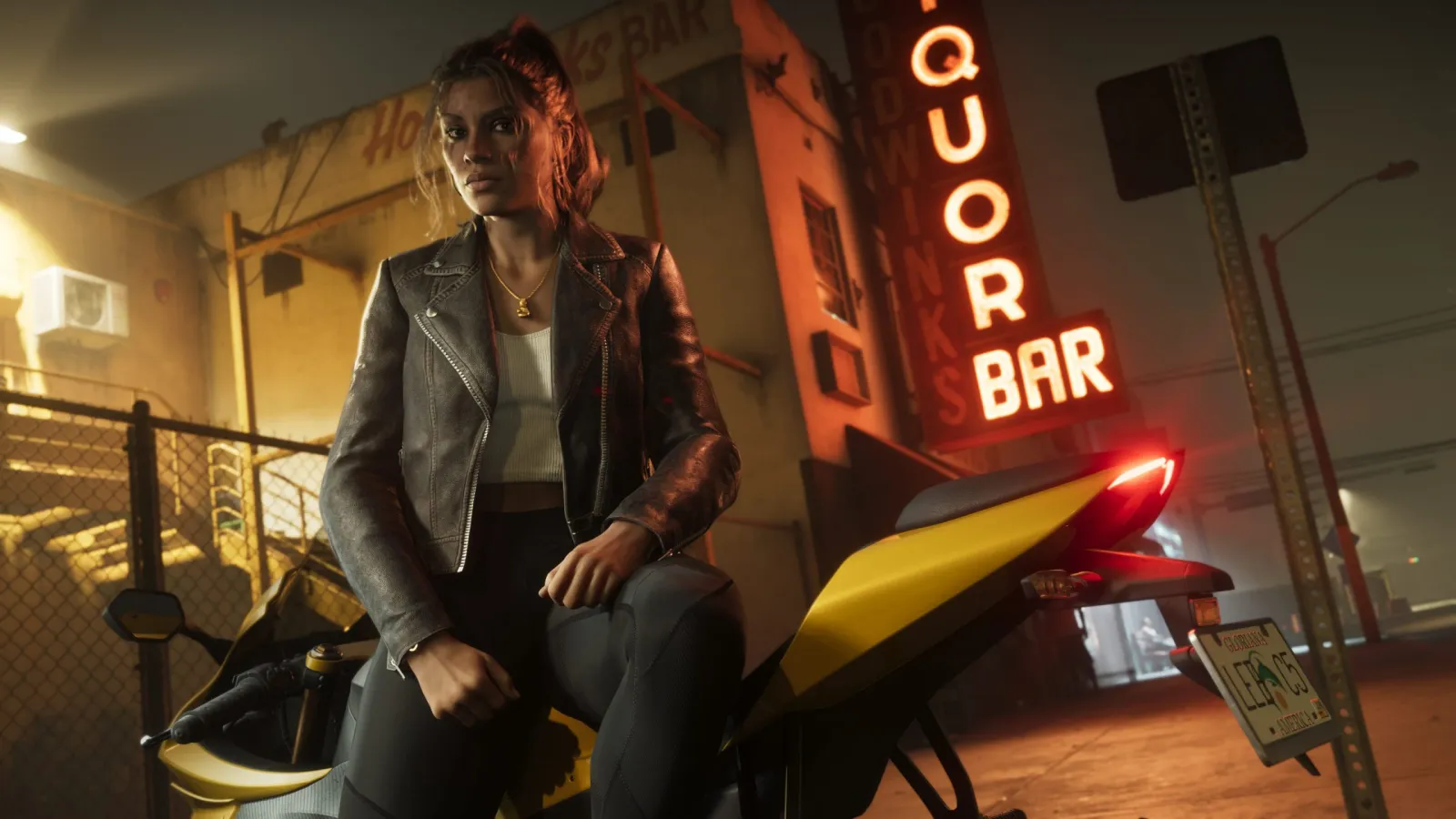 Lucia, a GTA 6 protagonist, sitting on a motorcycle at night outside a neon-lit liquor bar. © Rockstar Games