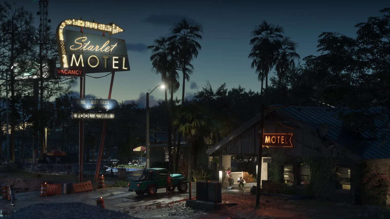 The Starlet Motel's vintage neon glows at dusk, Rockstar's retro-Florida roadside Americana. © Rockstar Games