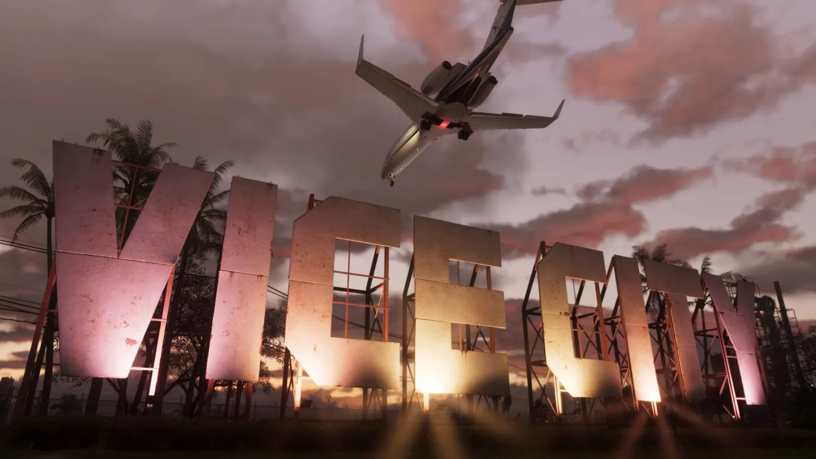 The Vice City sign at dusk, Rockstar's neon-soaked stand-in for Miami. © Rockstar Games