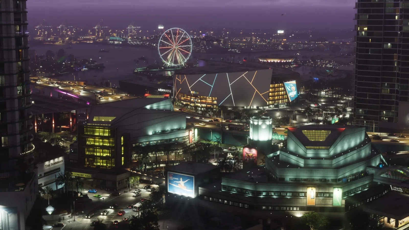 Aerial night view of the Vice City skyline in GTA 6, with a lit Ferris wheel, entertainment district and waterfront. © Rockstar Games